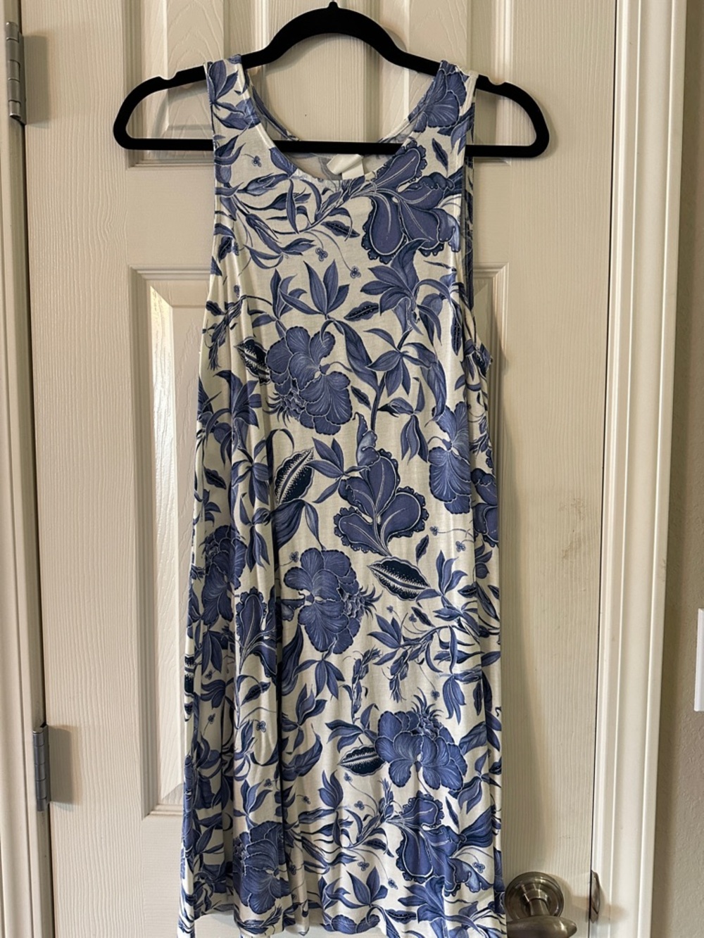 H&M White Midi Dress with Blue Floral Pattern